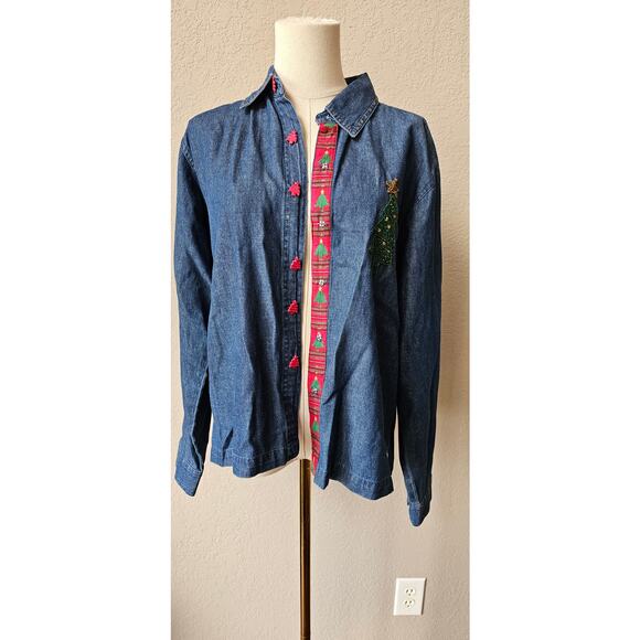 Vintage Carrie Allen Denim Embellished Christmas Tree Button Shirt Top Small - Picture 1 of 7